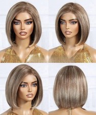 Hellbraune 100% Remy Echthaar Lace Front Bob Perücke Mit Blonden Highlights