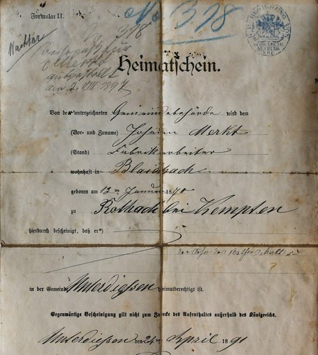 Heimatschein bayern 1891 - bayern,