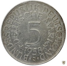 BRD, 5 DM, 1958 J, Silberadler, Jg. 387, sehr schön