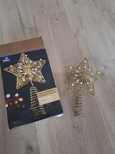 Christbaumspitze   27 cm Goldfarbenes Metall mit Zierperlen und Glitzerdekor