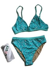 Lacoste Bikini-Badeanzug 2-teilig Größe 12 türkisblau Blumenmuster neu mit Etui