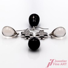 Ohrhänger Set Manuela Merk 585/14K Weißgold Diamanten Brillanten Onyx Rauchquarz