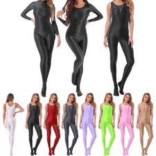 Damen Glänzend Overall Nylon Ganzanzug Einteiler Bodysuit Dessous Body Stocking 