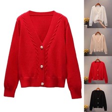 Damen Gestricktes Langarmtop – V-Ausschnitt Strickjacke Pullover Outwear Neu