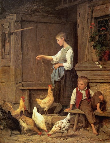 Mädchen die hühner fütternd - hühner,