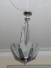  Art Deco Leuchter, „Skyscraper Design“, Chrom, 6 geschliffene Glasscheiben