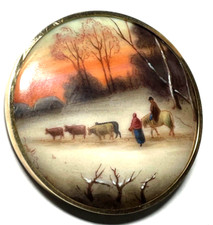 585 Gold 14 K Gelbgold gr. Anhänger / Brosche Porzellan Lupenmalerei  Ø 52 mm