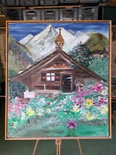 Gemälde Bild  Alpen Blockhaus Berg 80x90cm Interior handgemalt Interessant
