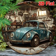 Blechschild rund VW Käfer in Garage Vintage Metallschild TEL2613