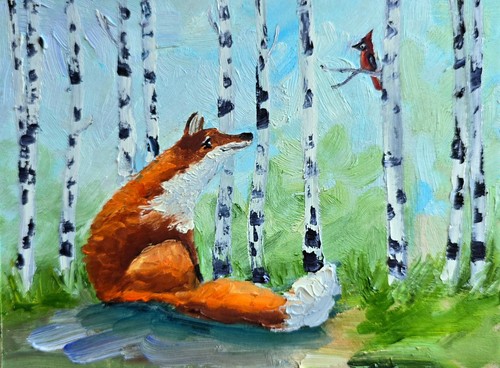 Fuchs vogel ölbild - 20x15, cm
