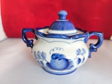 Gzhel Zuckerdose Blau Weiß Handbemalt UdSSR Porzellan Repariert Vintage