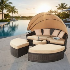 Sonnenliege Polyrattan Sonneninsel Rattan Lounge 180CM Tisch Gartenmuschel