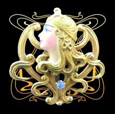 Art Nouveau Krementz Alphonse Mucha Gold 14K Brillant Emaille Jugendstilbrosche