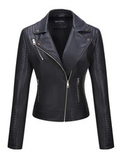 Damen Jacke Motorradjacke Bikerjacke Kunstleder Punk-Kleidung Moto, Schwarz, M