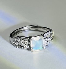Seltener 925 Sterling Silber Princess Cut Regenbogen Madagaskar Mondstein Zertifikat Ring