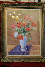 Wunderschönes, originales  BLUMENGEMÄLDE "TULPENSTRAUSS  IN  WEISSER  VASE" sign