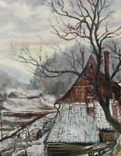 Gemälde: Gehöft am Wald, Winter, Winterwald, Winterlandschaft, expressiv, sign.