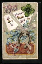 Präge-AK Hufeisen, Kleeblatt und Vergissmeinnicht zu Neujahr 1910 
