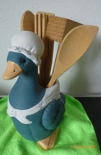 Keramik Ente BlauWeiß + Kochlöffel 5er Set Küchenhelfer aus Holz zum Kochen Deko