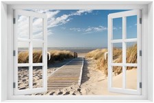 Wallario selbstklebendes Poster mit Fensterrahmen Auf Holzweg Strand Sand Meer