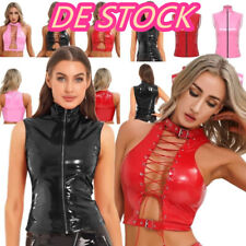 DE!Damen Oberteil Lack Leder Tank Top Slim Unterhemd Weste Ärmellos Zipper Jacke