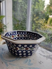 Bunzlau Boleslawiec Keramik Schale 8-eckig Ø 16 cm Handarbeit blau Pfauenauge 
