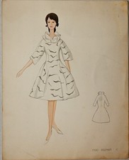 Modezeichnung Seidenkleid A-Linie gemustert _ Bleistift / Aquarell - 37 x 30cm