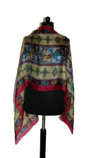 Feiner Schal Seidentuch Silk Scarf Tuch Gelb + indische Motive Handarbeit-Indien