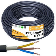 Erdkabel NYY 3x2,5mm² | 5-100m Länge | Erdleitung Außenkabel Stromkabel Schwarz