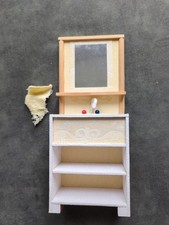 Badeschrank mit Waschbecken/SPIEGEL Puppen BARBIE Holz HANDMADE neuwertig 