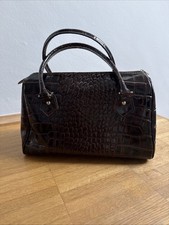 Leder Handtasche, Bowling Bag, Crock Muster, Gloss Optik, Braun, Neuwertig