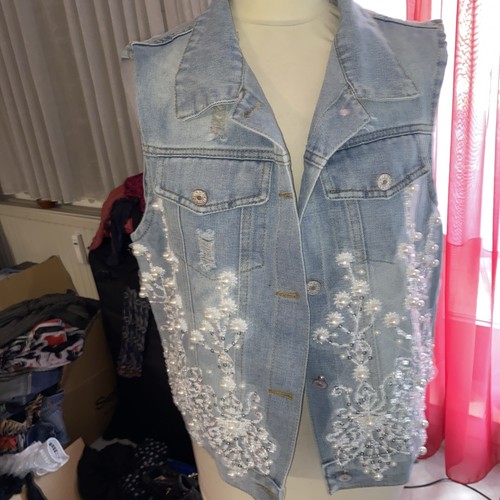 Damen blau jeans weste perlen - jeans-weste,