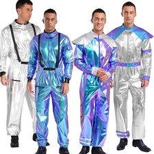 Herren Astronauten Kostüm Metallic Jumpsuit Glänzend Overall Weltraum Raumfahrer