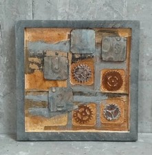 Bild abstrakt gerahmt modern klein Quadrat Wand Deko Steampunk blau kupfer braun