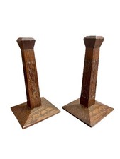 Paar Art Deco Kerzenleuchter Eiche handgeschnitzt Säule Holz