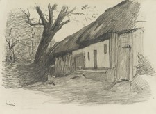 BERANYI (19.Jhd), Reetdachhaus und Baum, Bleistift Realismus Landschaft 1800-184