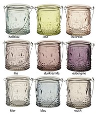 Windlicht zum Hängen+Stellen Teelichthalter aus Glas Höhe 7cm x DM 6cm Farbwahl