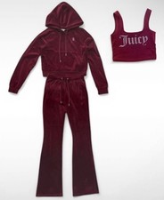 NEUER Samt-Jogginganzug in Weinrot mit glitzer Steinen (3-teilig)