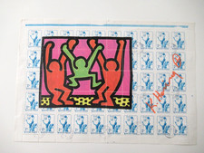 KEITH HARING: SERIGRAPHIE AUF STAMP-BOGEN, SIGNIERT UND BEARBEITET VOM KÜNSTLER