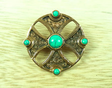 Brosche Bronze Kreuz Türkis Wikinger Spiralen Bronzeschmuck 4cm Fibel Viking