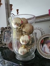 Windlicht Glas mit goldfarbenen Kunststoff Kugeln hochglänzend + mit Glitzer Neu