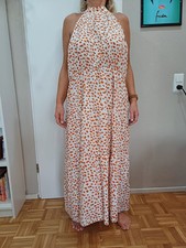 Damen Kleid Maxikleid Kleid lang Braun Weiß Gr. 4XL 48 50 lang Dots Kleckse 