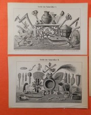 Geräte der Naturvölker Holzstich von 1899 Werkzeuge  Möbel Gefäße Haida Eskimo 