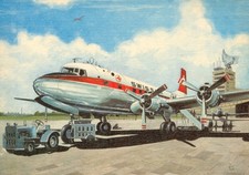 Swissair, Propellerflugzeug, Flughafen, DDR Künstler-Postkarte, Planet-Verlag