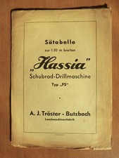 Sätabelle für  1,50m HASSIA Schubrad-Drillmaschinen FS ca. 1952 Tröster Butzbach