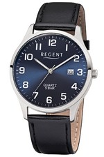REGENT Herren-Armbanduhr mit Lederband Schwarz/Blau F-1240