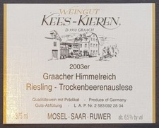 Weinetikett  Graacher Himmelreich Riesling Trockenbeerenauslese Kees-Kieren MOSE