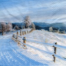 3 Servietten ~ Winter Landschaft, Straße, Zaun, verschneite Felder und B ~ 33x33