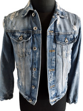 ZARA Trafaluc Jeansjacke S Blau Damen Totenkopf Blumen Print Used #