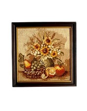 Vintage Sonnenblumen Bild Stickbild Stillleben Obst Wanddeko Boho Gobelin 23 cm